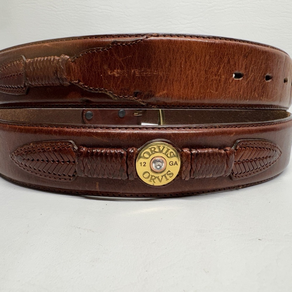 Orvis Mens Brown Leather Shotgun Shell Belt 46 Solid‎ Brass 12 Gauge Concho 07EB